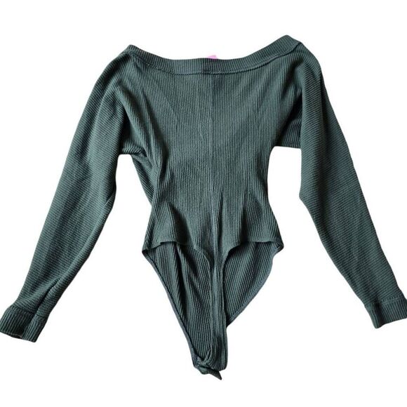 Free People Lovin’ This Feeling Bodysuit Women's Medium Green Knit Wrap Thermal - Picture 6 of 7